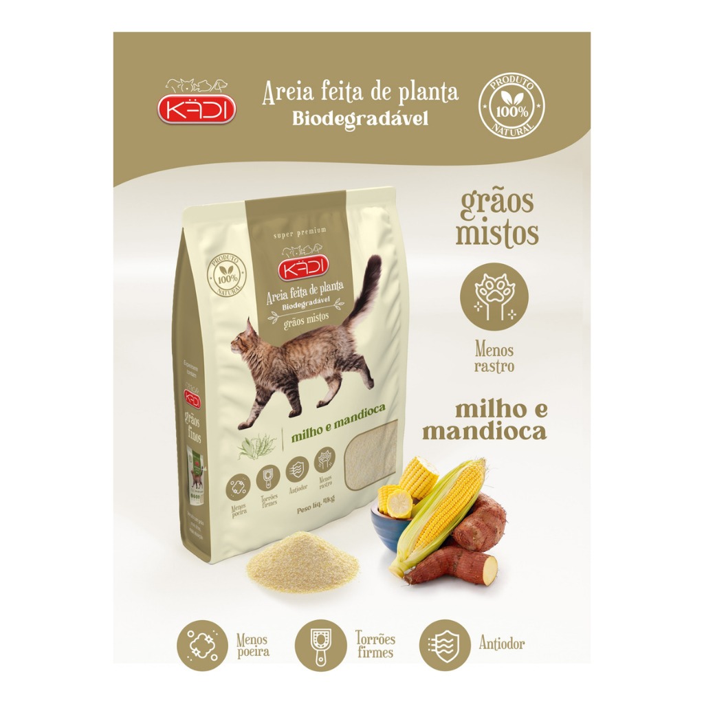 Areia para Gatos Kadi 4kg 100% Milho e Mandioca Biodegradável Grãos Mistos Livre de Poeira Alta Absorção Controle de Odo