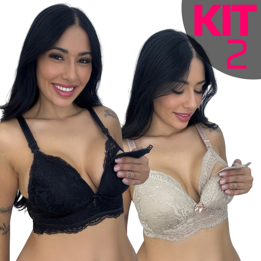 KIT 2 Sutiã Amamentação Com Bojo Soft Molinho Não Amassa Reforçado Fecho Largo Renda Gestante Pós Parto Amamentar em Oferta na Shopee