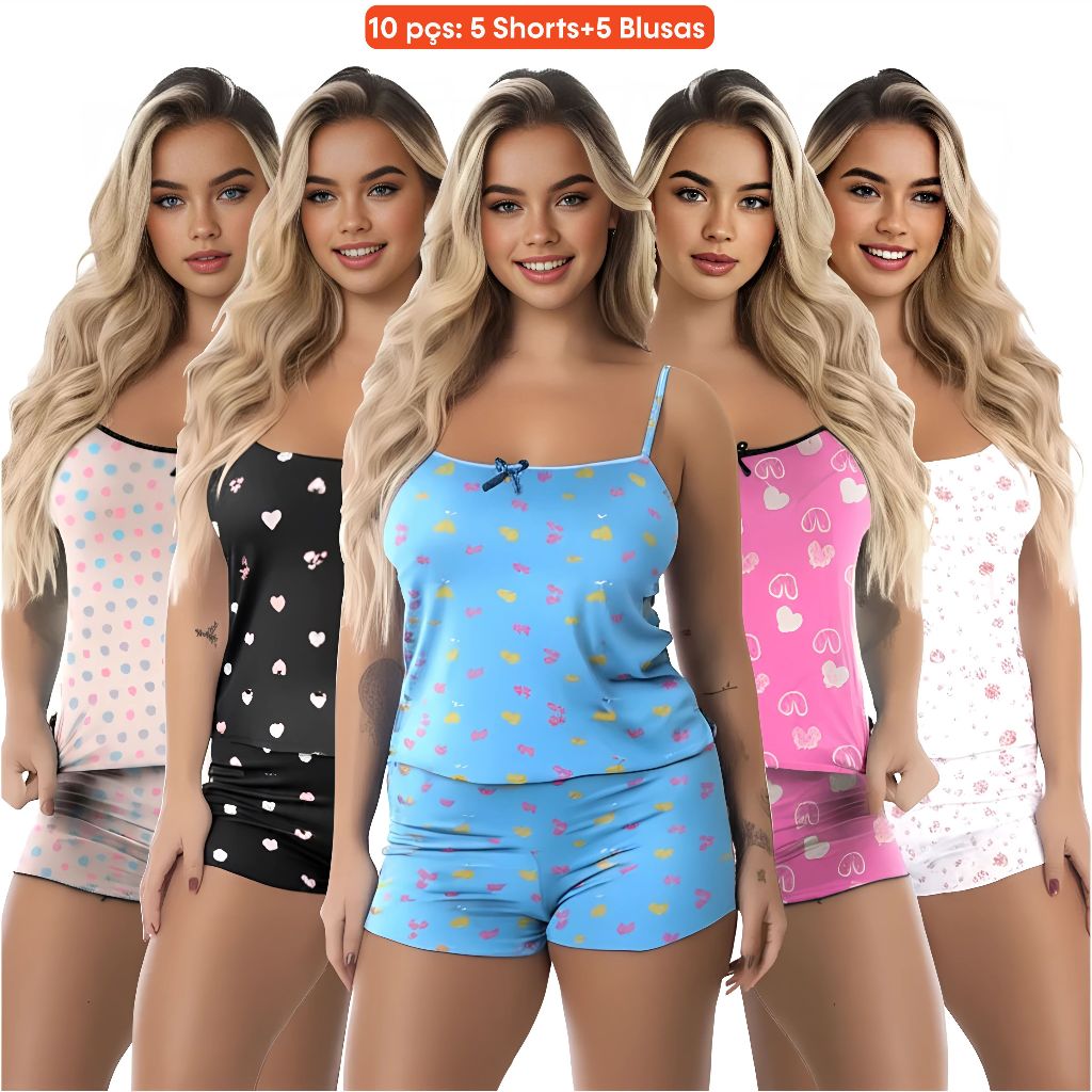 Kit 10 Peças (5 Conjuntos) Short Doll Conjunto Pijama Feminino Baby Doll 5 Blusas e 5 Shorts