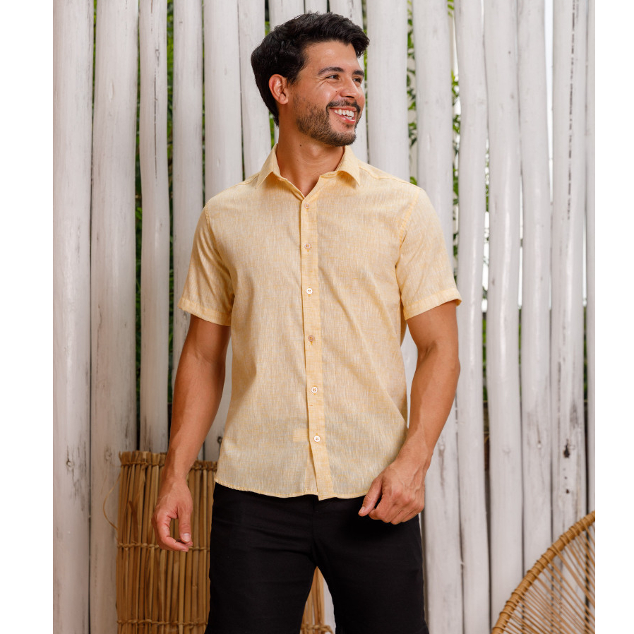 Camisa Masculina Social manga curta slim conforte no algodão linho misto