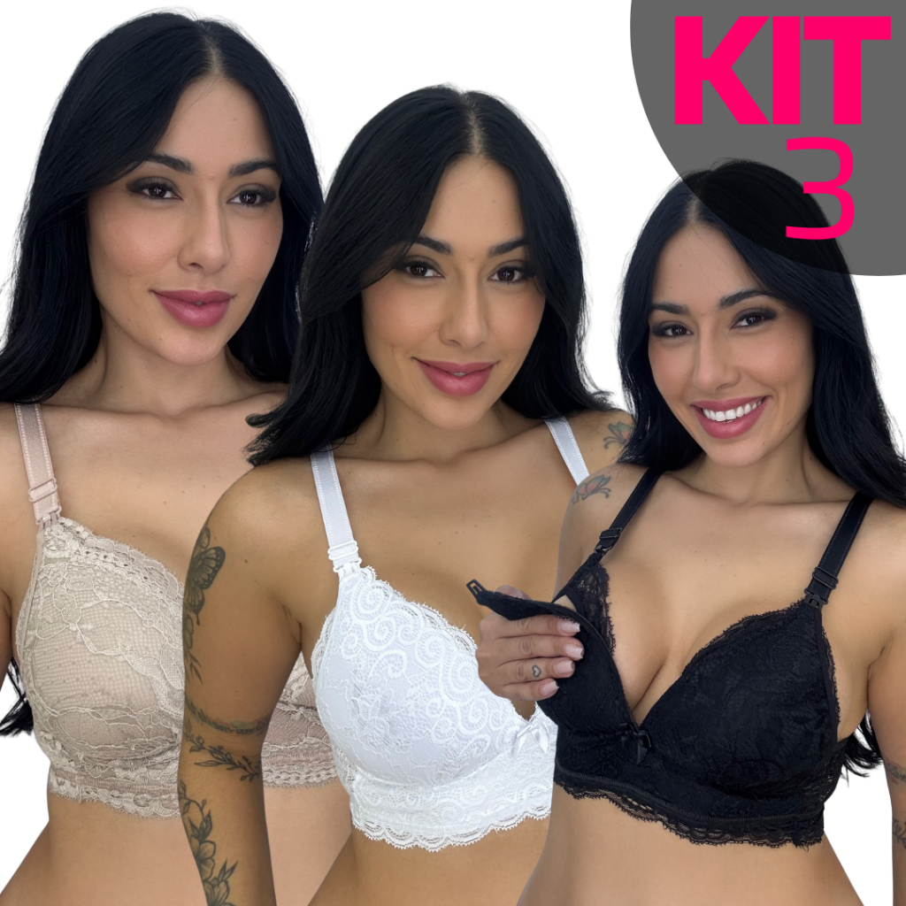 KIT 3 Sutiã Amamentação Com Bojo Soft Molinho Não Amassa Reforçado Fecho Largo Renda Gestante Pós Parto Gestação em Oferta na Shopee