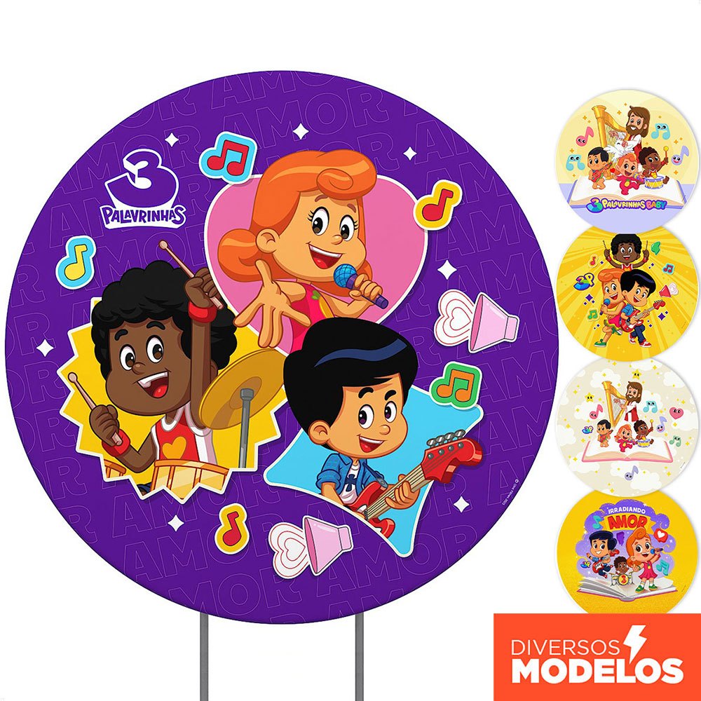 Painel de Festa 3 Palavrinhas Redondo Decoração Aniversário Infantil 1,50m Tecido Sublimado C/Elástico - Licenciado