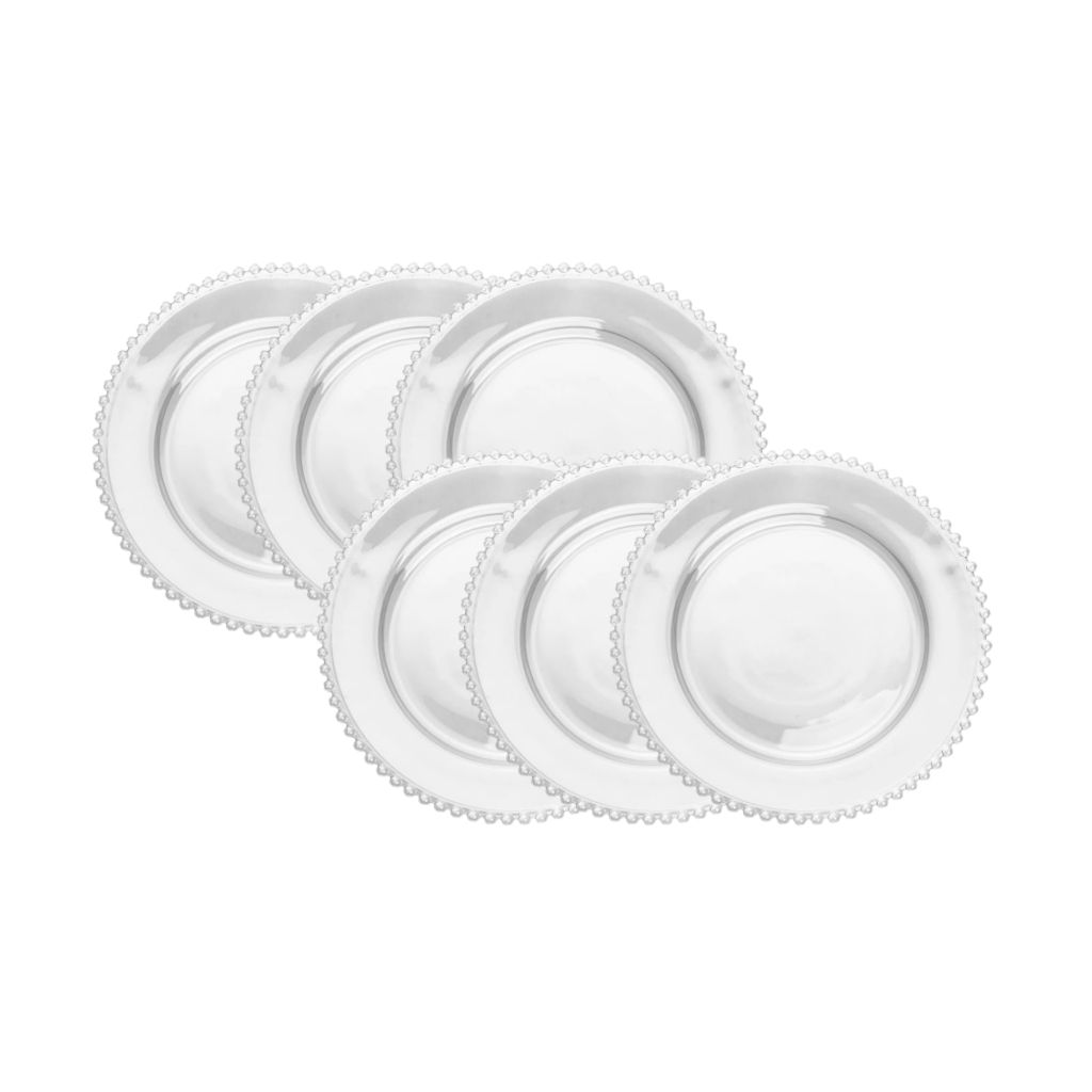 Kit Jogo 6 a 12 Pratos Rasos Sobremesa Cristal Lapidada Borda Bolinhas Pearl 20cm Wolff Lyor