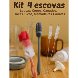 Kit Escovas Limpeza 4 em 1 Silicone e Nylon p/ Copos, Mamadeiras, Canudos e Garrafas - Tender Trove em Oferta na Shopee
