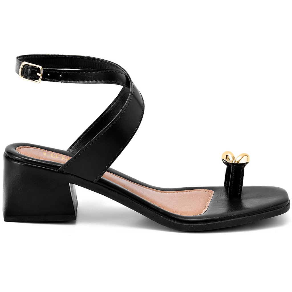 Detalhes do Sandália Feminina Lumiss Salto Baixo Bloco Bico Quadrado Enfeite Dourado Confortável Preto