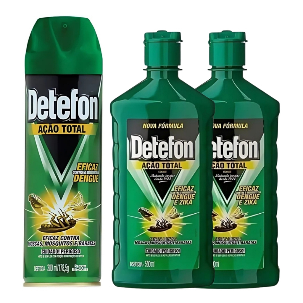 Kit 3 Inseticidas Ação Total Detefon 500ml + 300ml