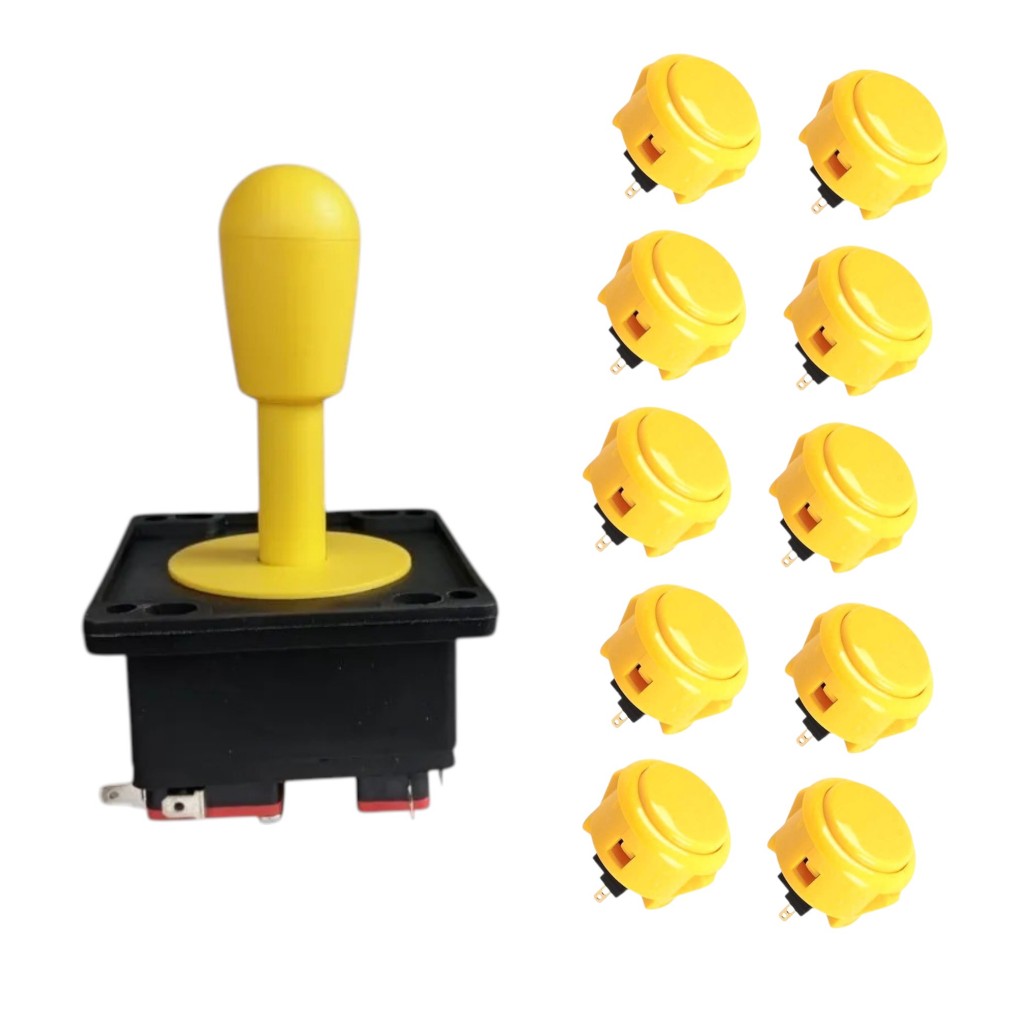Kit 1 Comando + 10 Botões Tipo Sanwa 30mm Amarelo Fliperama Arcade