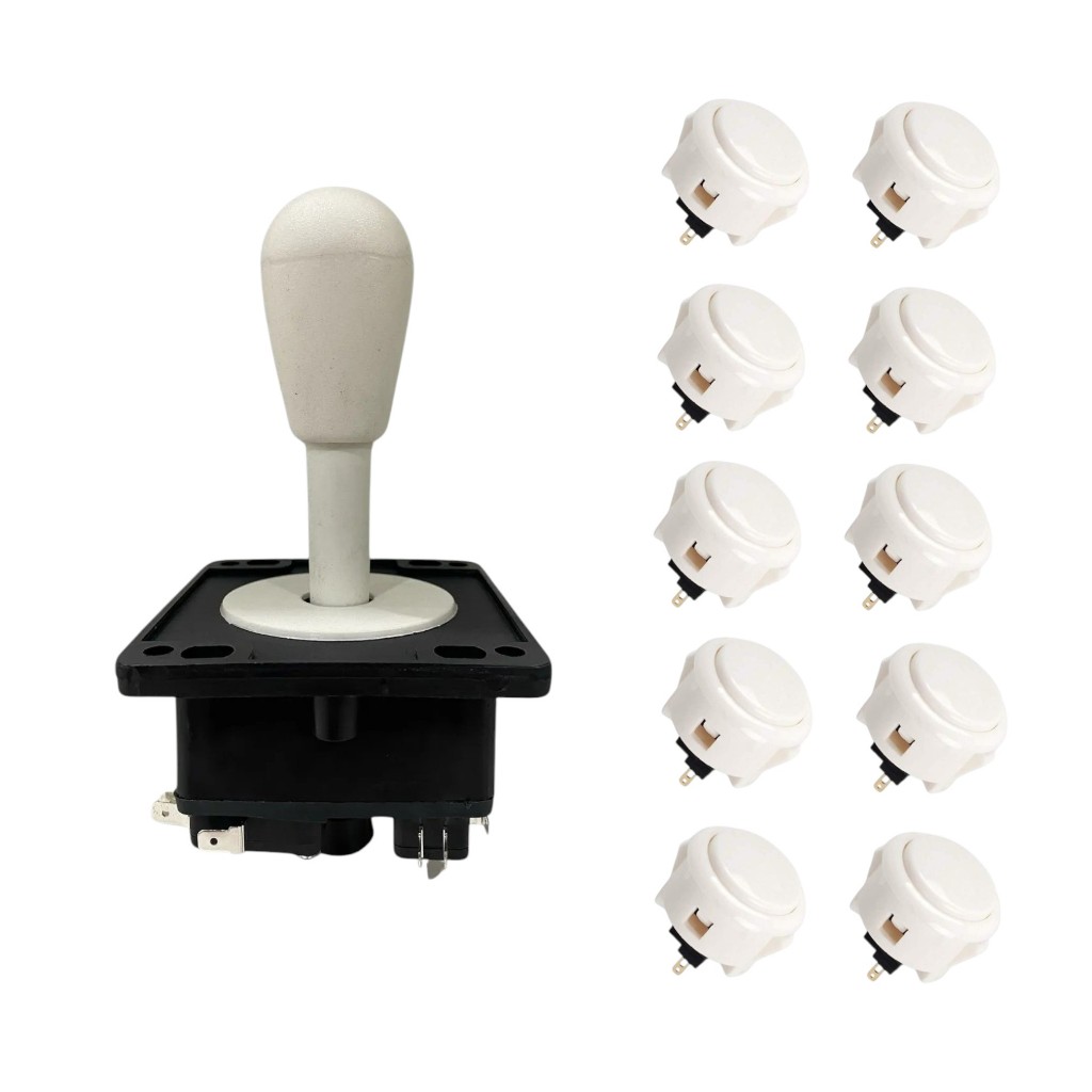 Kit 1 Comando + 10 Botões Tipo Sanwa 30mm Branco Fliperama Arcade