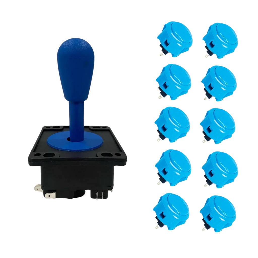 Kit 1 Comando + 10 Botões Tipo Sanwa 30mm Azul Fliperama Arcade