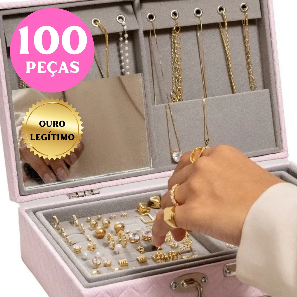 Kit Semi Joias de Luxo 100 Peças Alto Padrão Para Revenda Atacado (Não vem Maleta) Banhado em Ouro 18k