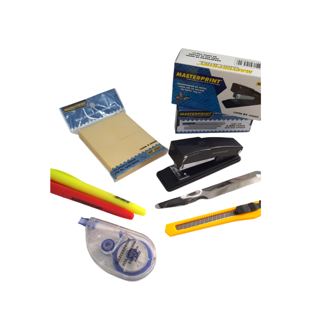 Kit Escritório 8 itens - Grampeador Grampos Extrator Fita Corretiva Marca Texto Post It Estilete