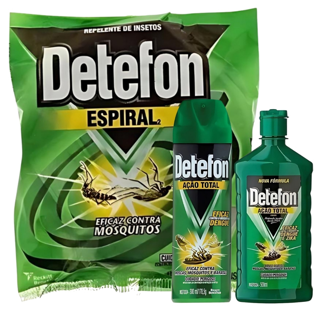 Kit 3 Inseticidas Ação Total Detefon 500ml + 300ml + Espiral
