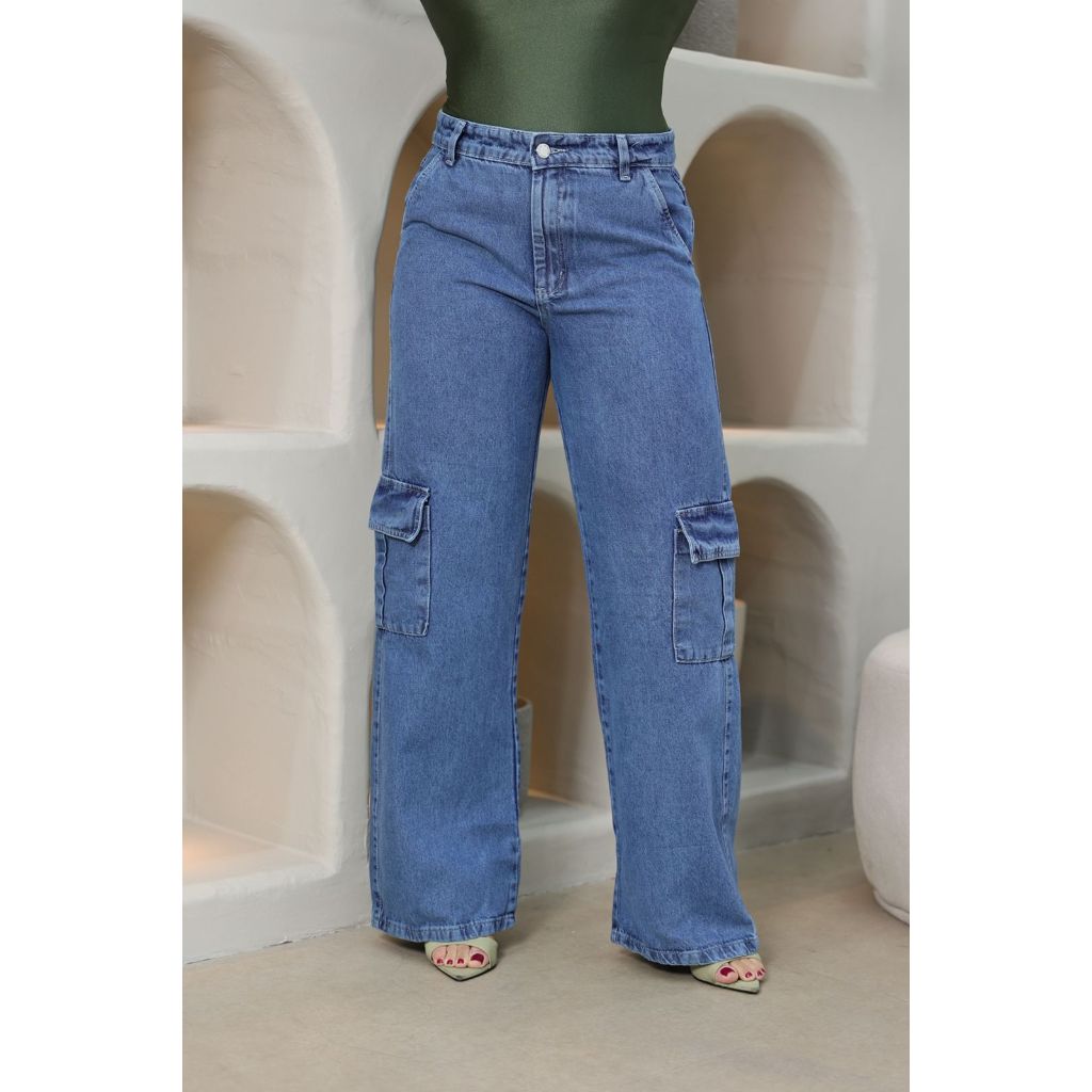 Calça Jeans Feminina Wide leg Cargo ou Saia  Cos Alto Roupa para Mulheres Cintura Alta Tendencia 2025