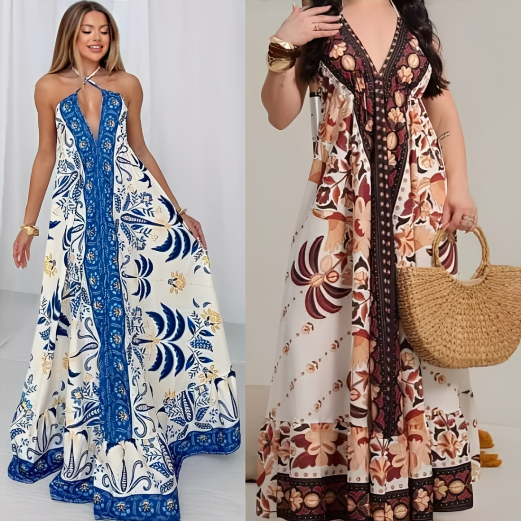 Vestido Longo Modelo Indiano Feminino Frente Única Costa Nua Novidade Tecido Crepe Estampado Oferta