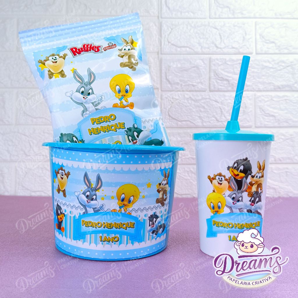 12 Kits Cinema Balde+copo+batata Ruffles Baby looney tunes (Fazemos qualquer tema)
