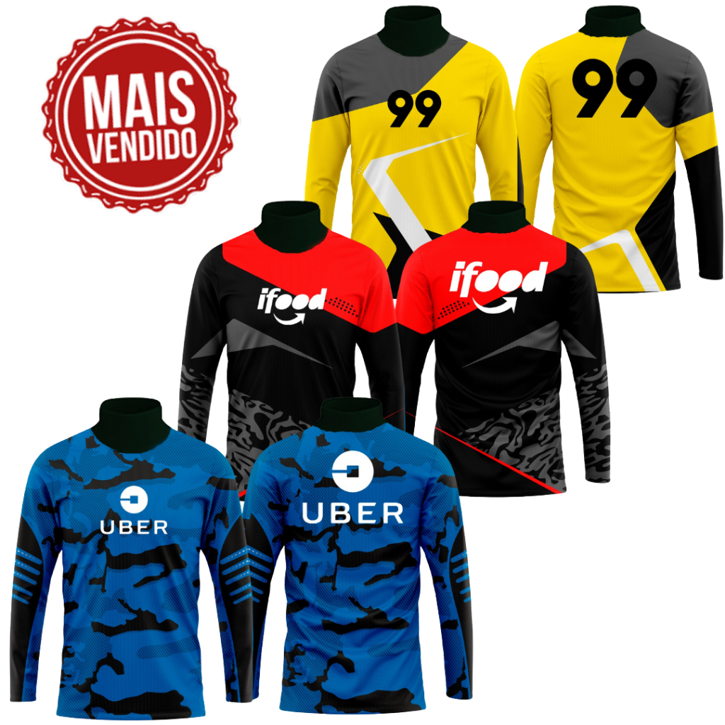 Camisa Moto Uber 99 Pop Ifood Manga Longa Sublimada Gola Alta Ideal para Motoqueiros e Motoristas de Aplicativo