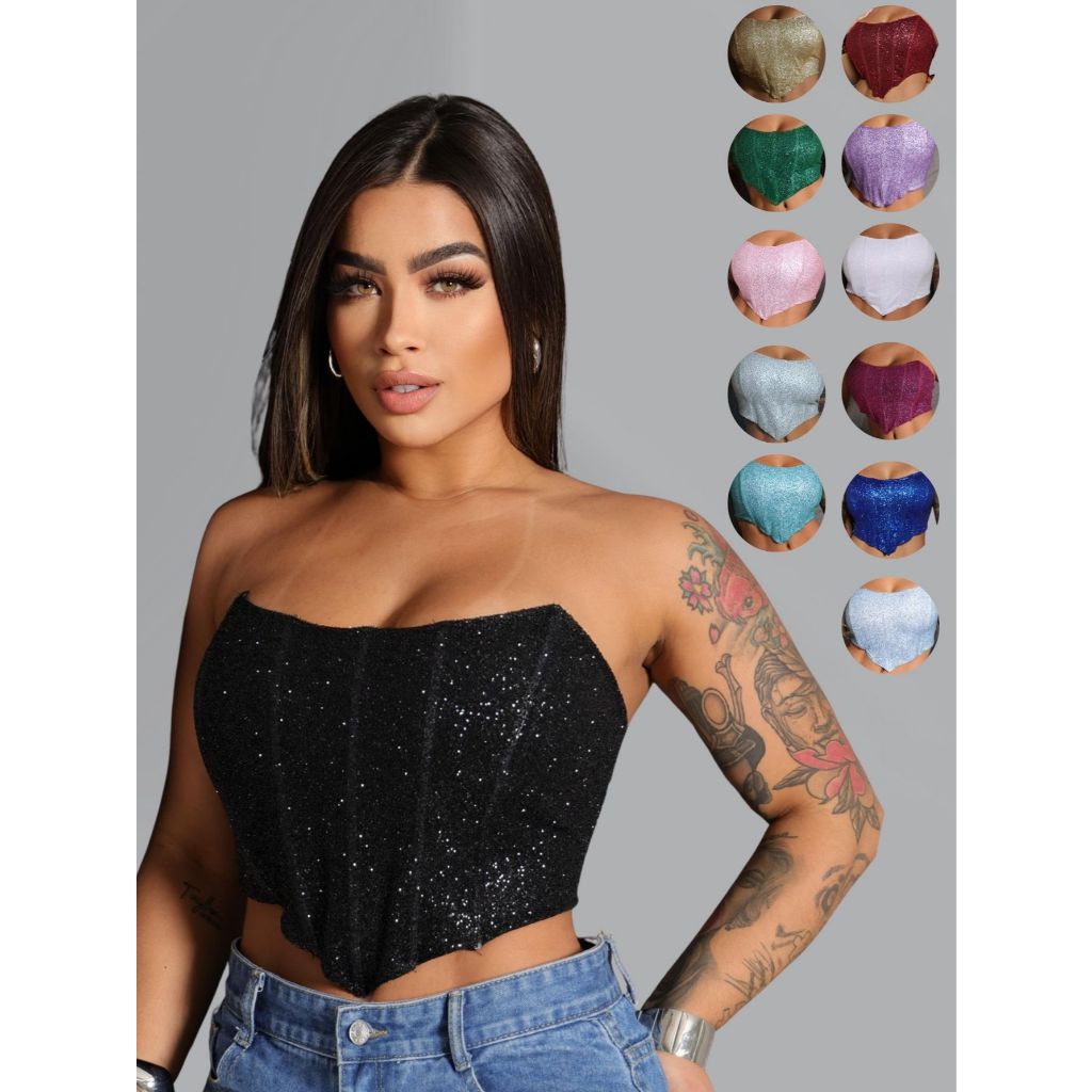 Corset Cropped Feminino Tubinho com BRILHO tomara que caia verão / carnaval / festa