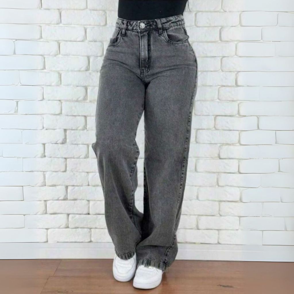 Calça Jeans Feminina Wide Leg cintura alta pantalona cinza grafite 100% Marmorizada