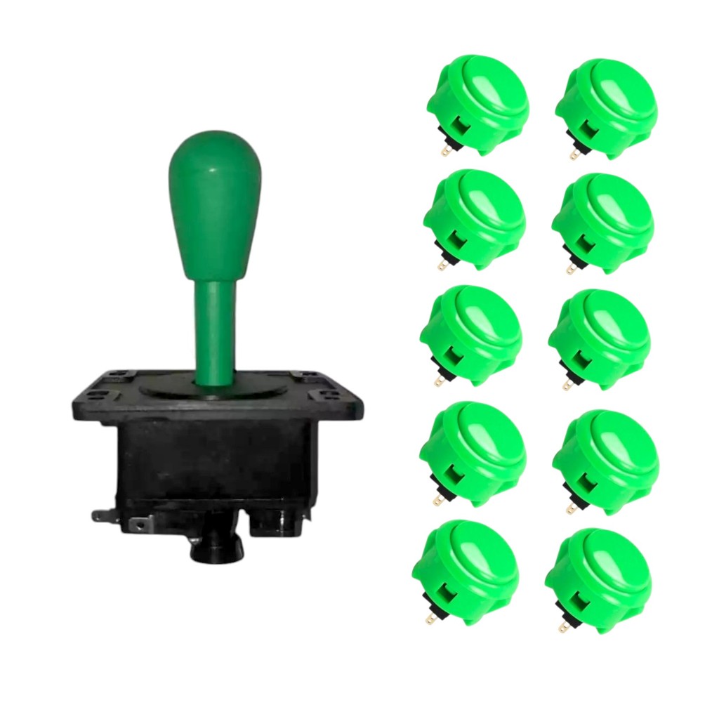 Kit 1 Comando + 10 Botões Tipo Sanwa 30mm Verde Fliperama Arcade