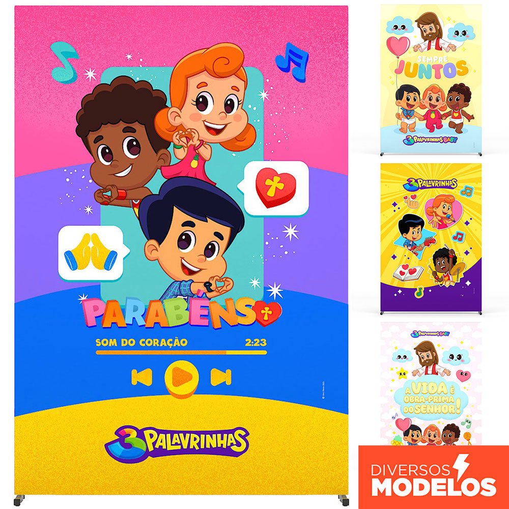 Painel de Festa 3 Palavrinhas Decoração Aniversário Retangular Sublimado Tecido 1,50x2,20m - Licenciado em Oferta na Shopee