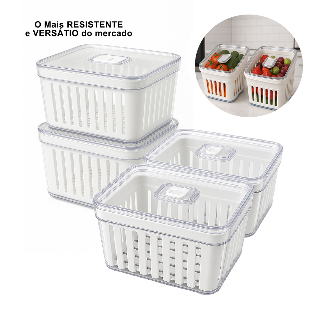Kit 4 Organizador de Geladeira 3.8 Litros Cesto Com Tampa Multiuso Alimentos Verduras e Ve...
