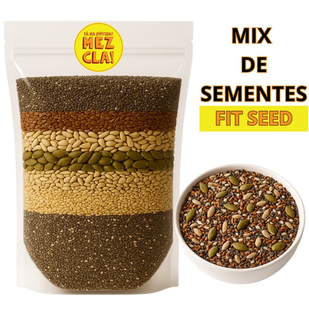 Mix de Sementes Fit Low Carb Chia Girassol Abóbora Linhaça Dourada e Gergelim Branco e Preto - Premium