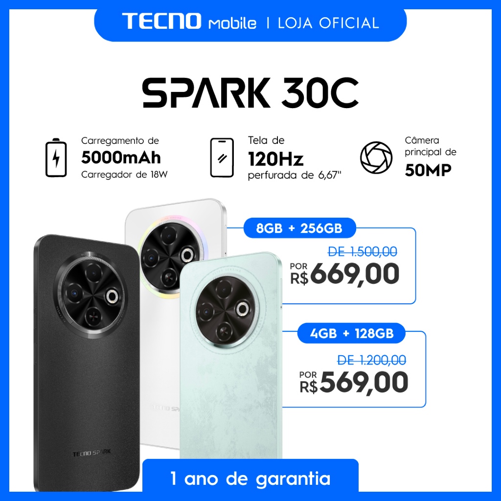 Celular Smartphone Tecno SPARK 30C 4+128GB / 8+256GB Câmera Quatro Traseira 50MP bateria 5000 mAh