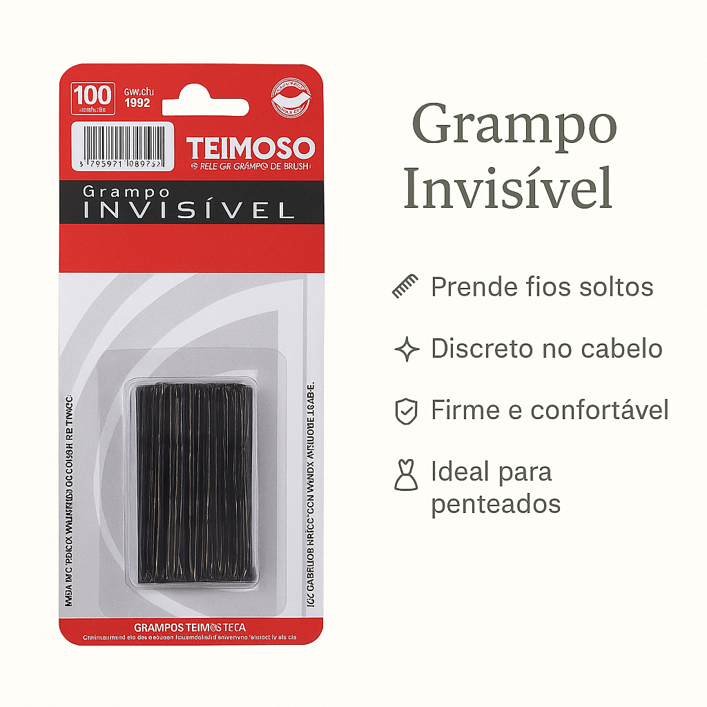 Grampo Invisível Preto c/ 100 unidades Teimoso Sem Ponta para PENTEADOS