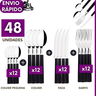 Kit 48, 24 ou 16 Talheres Faqueiro Colher Garfo Faca Colher de Chá Inox Cabo Preto em Oferta na Shopee