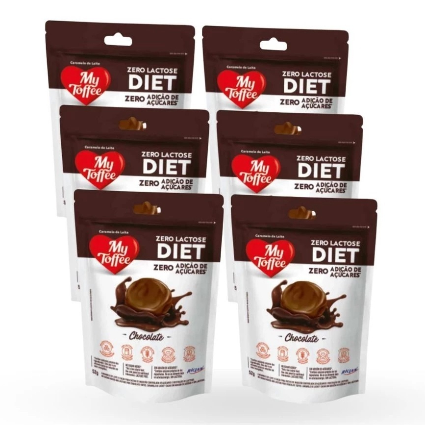 Kit 6x Bala Diet MyToffee Zero Açúcar e Lactose sabor Chocolate Pacote 6x52g 312g - Riclan