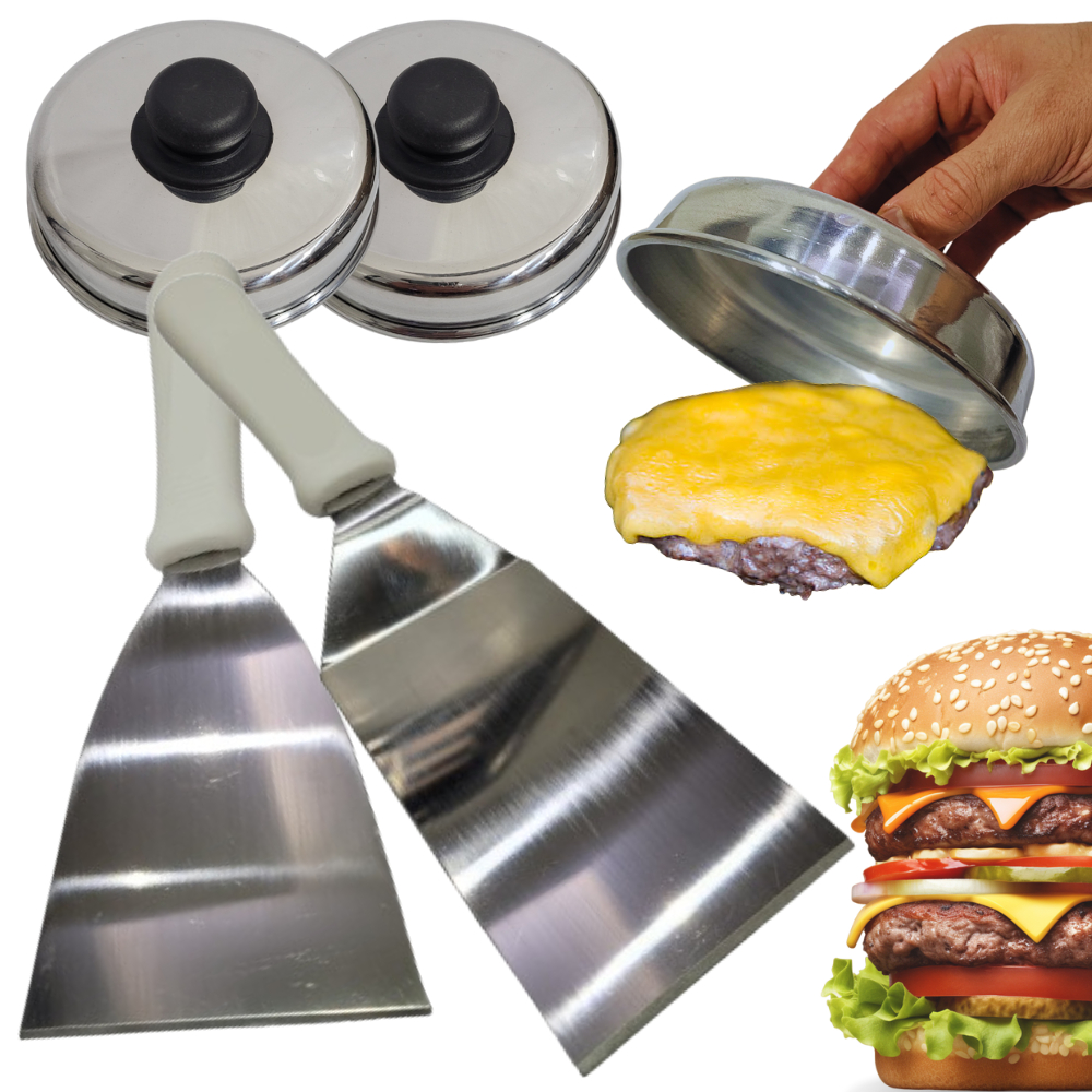 Kit 2 Espátulas Inox Reta Curva 2 Abafadores Alumínio Para Lanche Chapa Cozinha Chapeiro Lanchonete em Oferta na Shopee