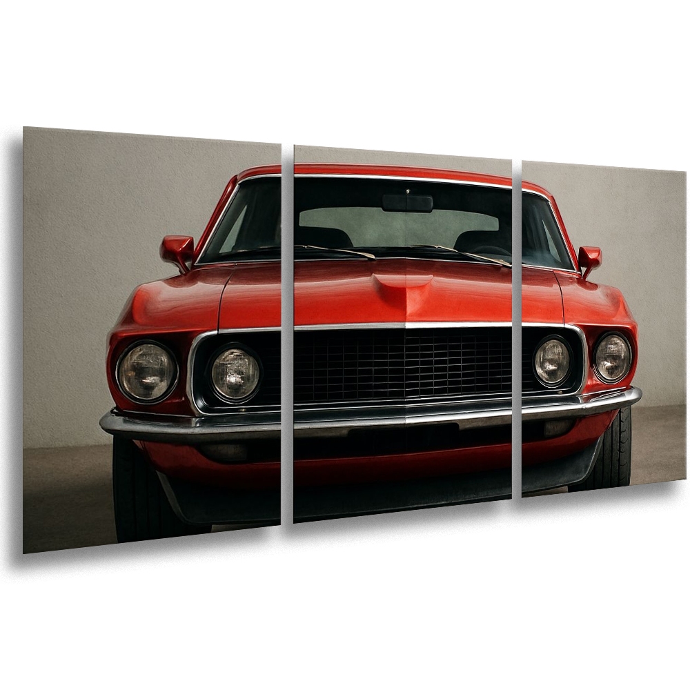 Quadro Decorativo Carro Clássico Vermelho – Painel 3 Peças Vintage Retrô