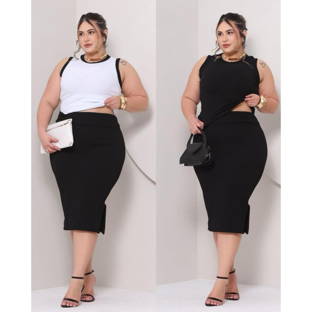 Conjunto Feminino Plus Size Saia Midi + Regata  Canelado  GG G1 G2