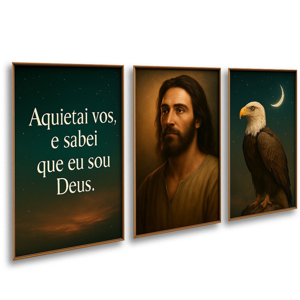Quadro Decorativo 3 Peças Jesus e Águia – Versículo Bíblico 'Aquietai-vos e Sabei que Eu Sou Deus