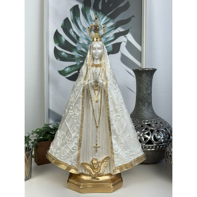 imagem nossa senhora aparecida 40cm coroa folheada manto branco perolado dourado casamento