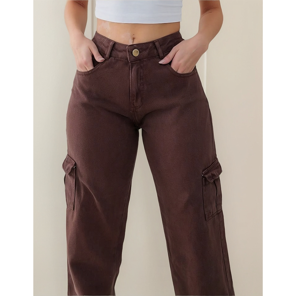 calça wide leg cargo jeans feminina bolsos laterais perna larga pantalona cintura alta modeladora
