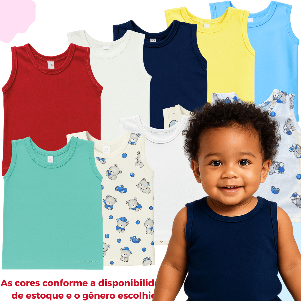 Regatas Algodão Kit 8 Camisetas Blusa bebê Pijama Menino Menina Verão Lisas Estampadas Enxoval 100% Algodão