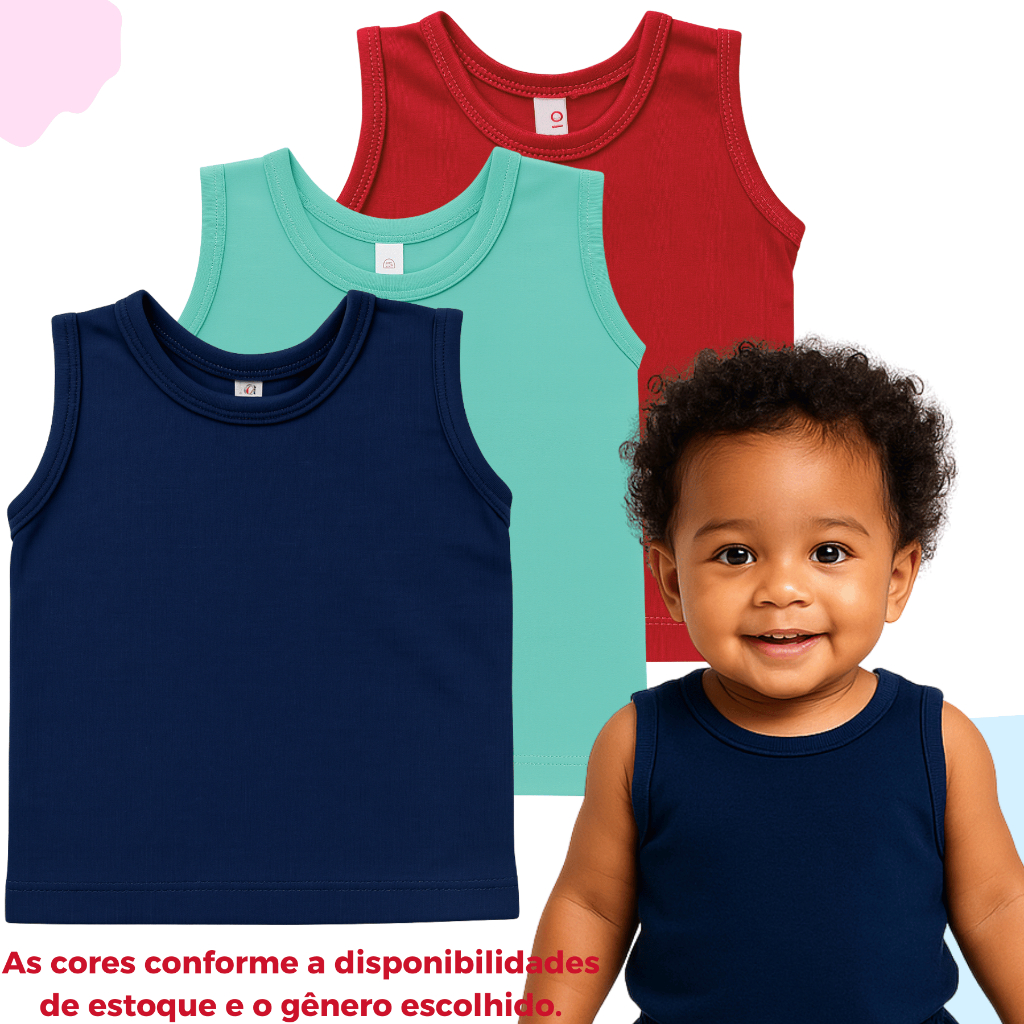 Regatas Algodão Kit 3 Camisetas bebê Pijama Menino Menina verão lisas estampadas Verão Bebê 100% Algodão (0 a 3 anos)