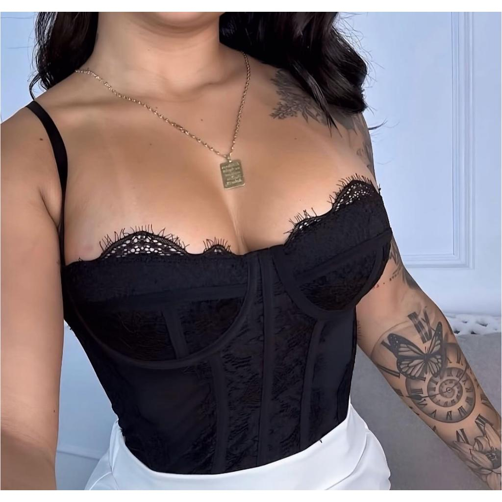 Cropped Feminino Corset Renda Corselet Alça Regulagem Sexy Corpete Blusa Top Alcinha