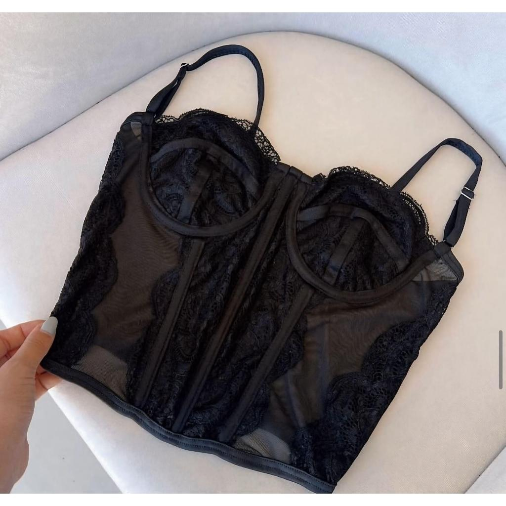Cropped Feminino Renda Corset Corselet Tule Alça Com Regulagem Blusa Top Alcinha Sexy