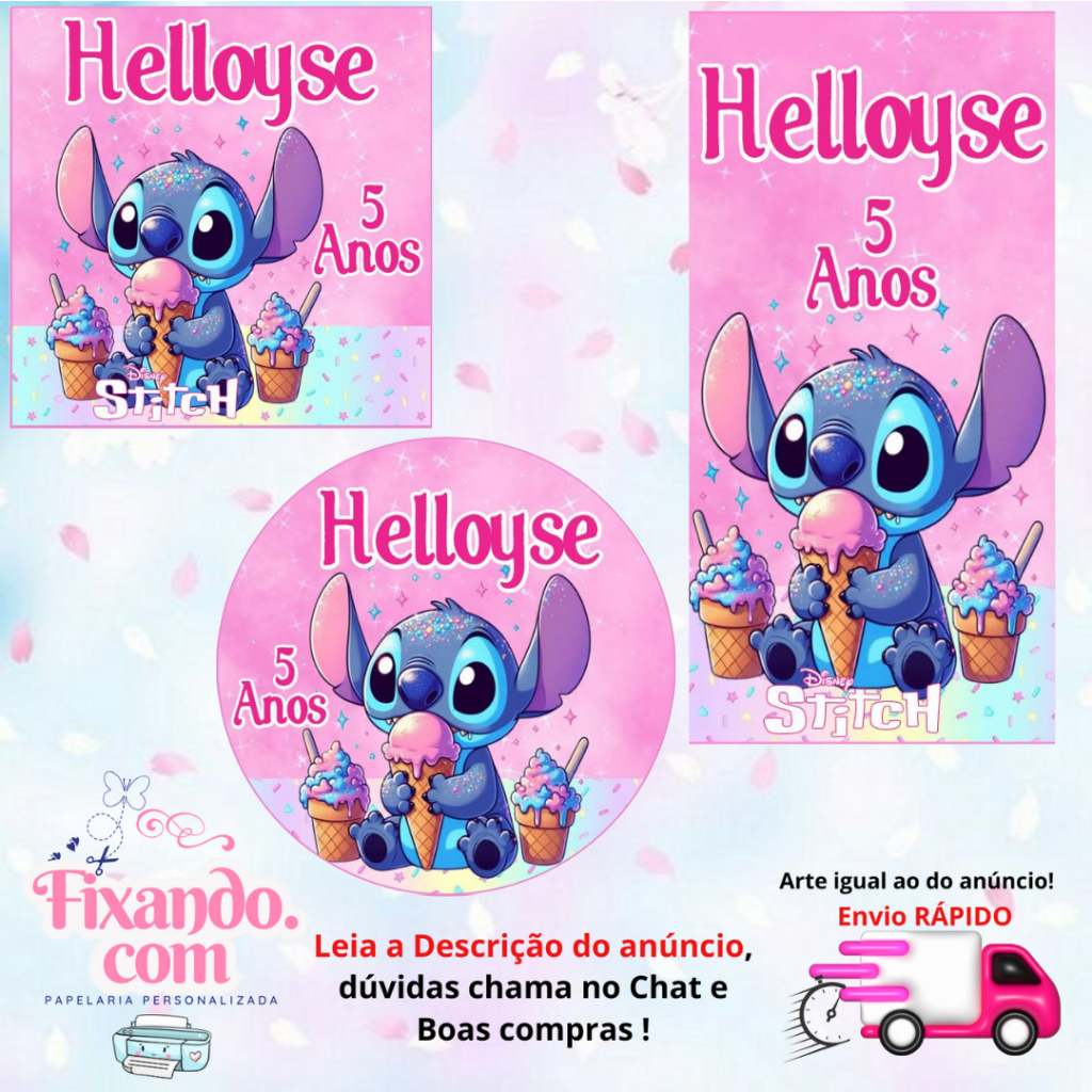 STITCH DOCERIA - 100/60/40 Adesivos Personalizados para Festas ( Envia Rápido)