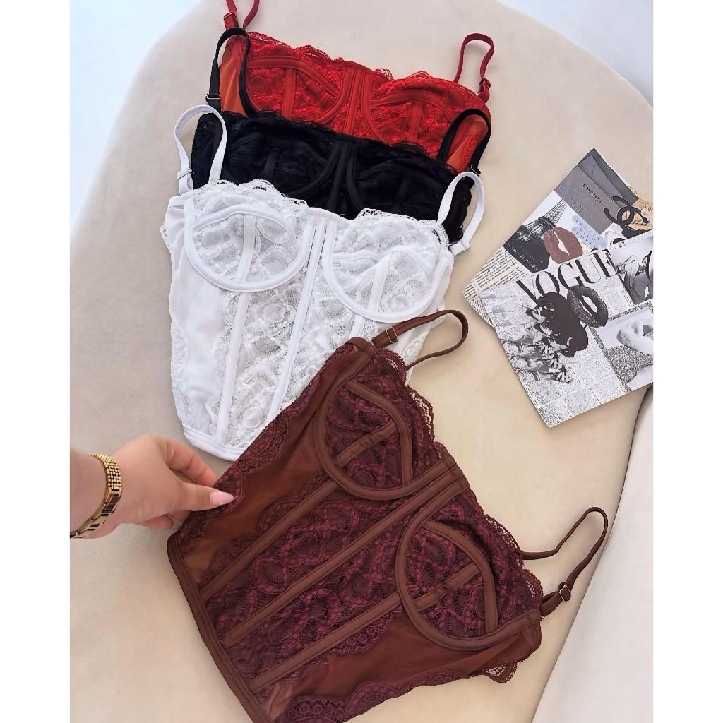 Cropped Feminino Corset Renda Corselet Alça Regulagem Sexy Corpete Blusa Tule