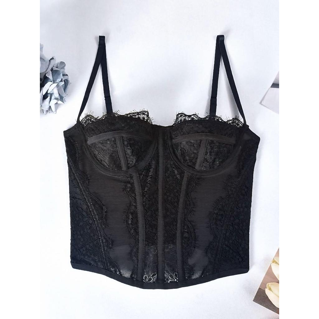 Cropped Feminino Corset Renda Corselet Alça Regulagem Sexy Corpete Blusa Tule Top