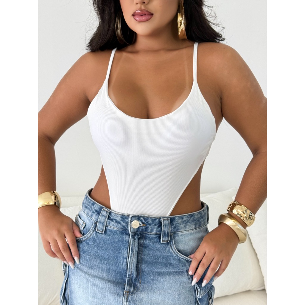 Body Ely Alça Fina Cavado Costas Nua Com Bojo Moda Blogueira Versátil em Oferta na Shopee
