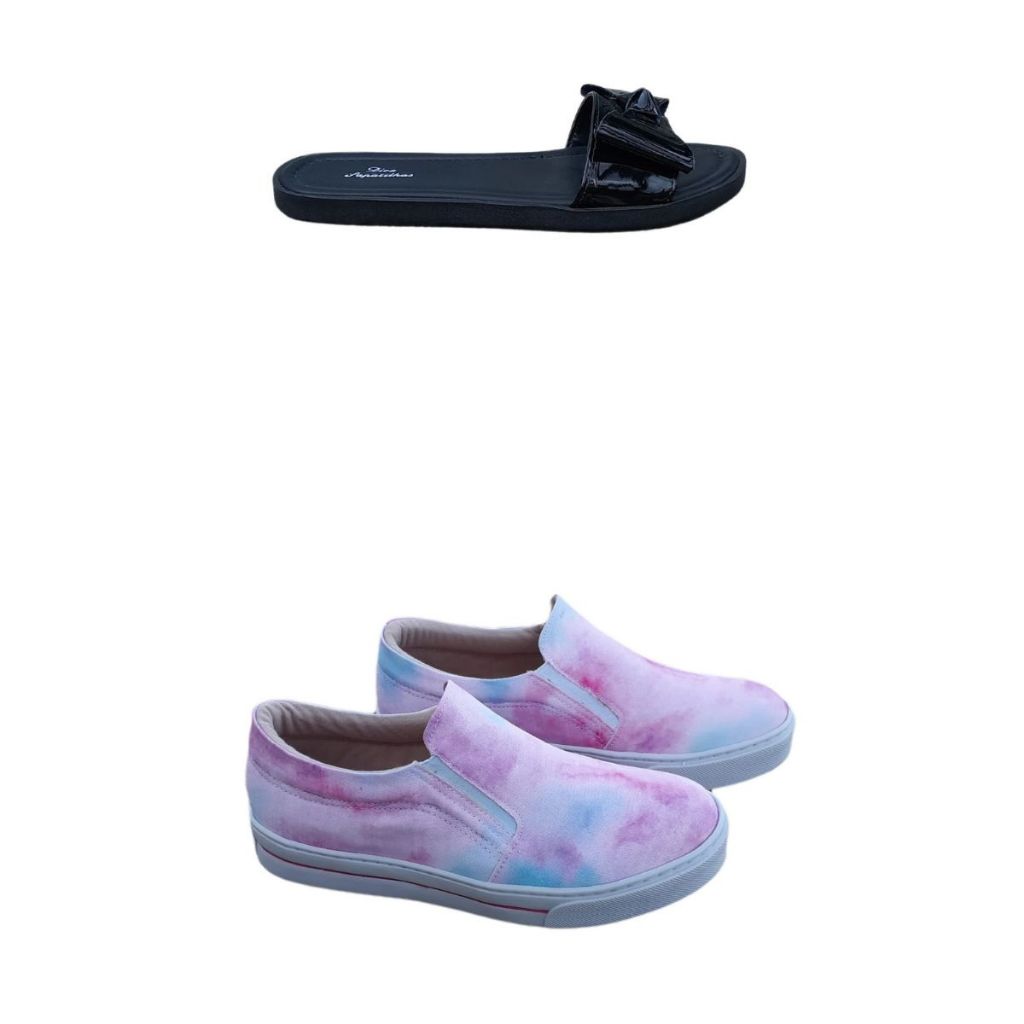 Kit tênis feminino casual slip on estampado + chinelo preto laço top confortável promoção