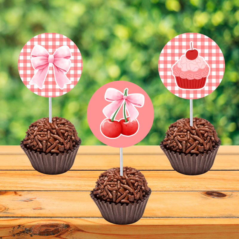 kit 30 a 60 Topo de Docinhos Cupcake - CEREJINHA CEREJA - Topper Tag Brigadeiro - Festa de aniversário mesversário