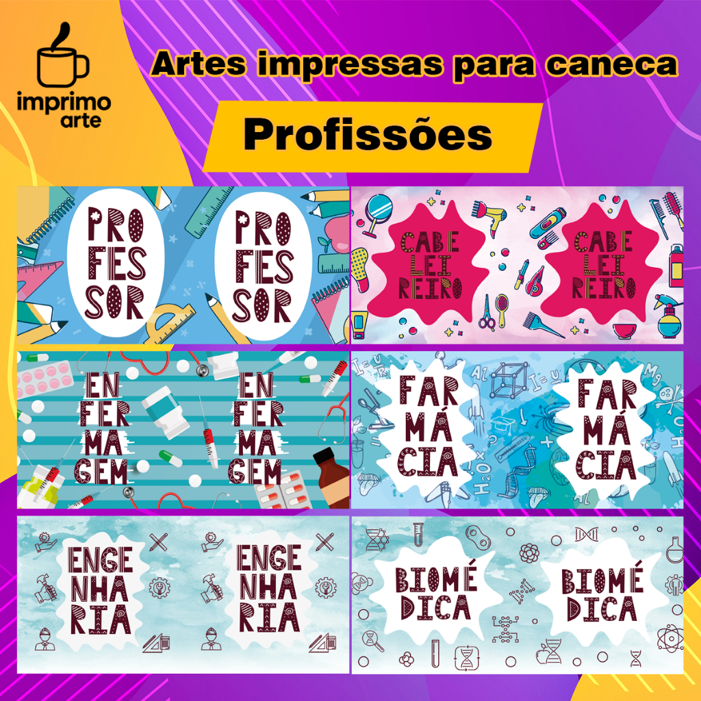 12 Artes Impressas para Canecas Profissões Estampas Prontas para Sublimar Xícara Copo Personalizado Sublimação Trabalho