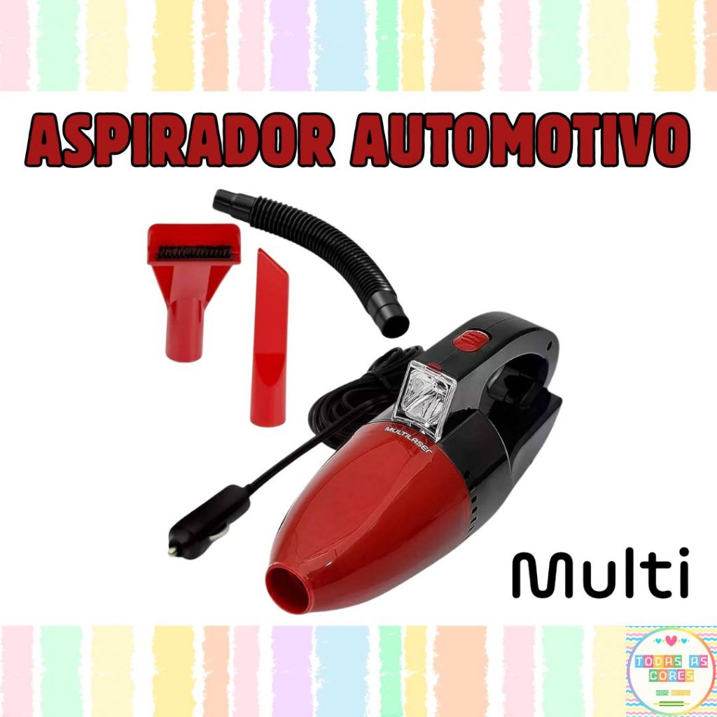 Aspirador de Pó para Carro 80W com Luz LED Aspirador Automotivo Multi Com 2 Bocais Cabo Longo 12V