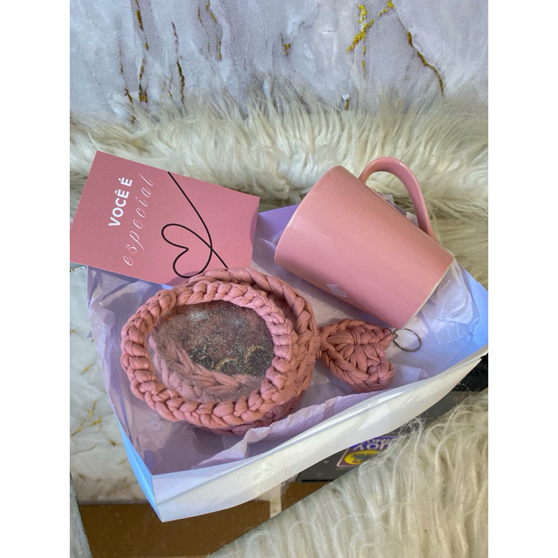 Kit Presente Artesanal Xícara + Porta-Joias + Chaveiro  Presente Feminino Personalizado Dia das Mães e Amiga
