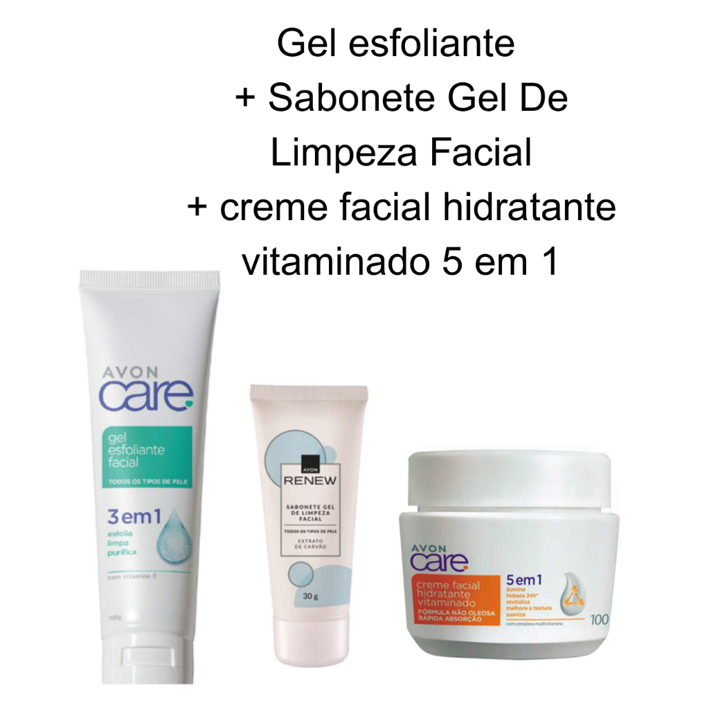 Gel esfoliante  + Sabonete Gel De Limpeza Facial + creme facial vitaminado 5 em 1 (3 produtos)
